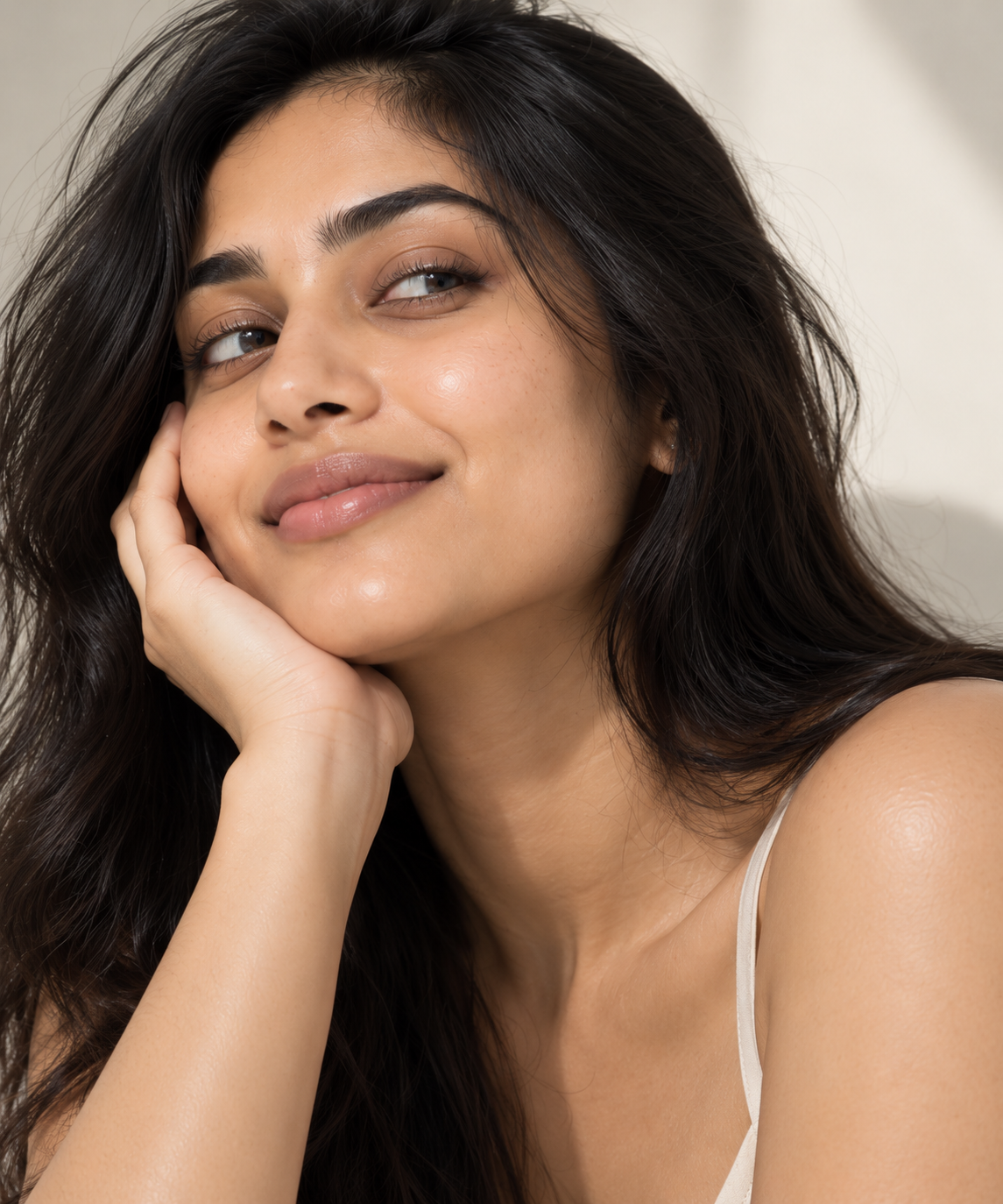 A woman with clear skin, resting her chin on her hand