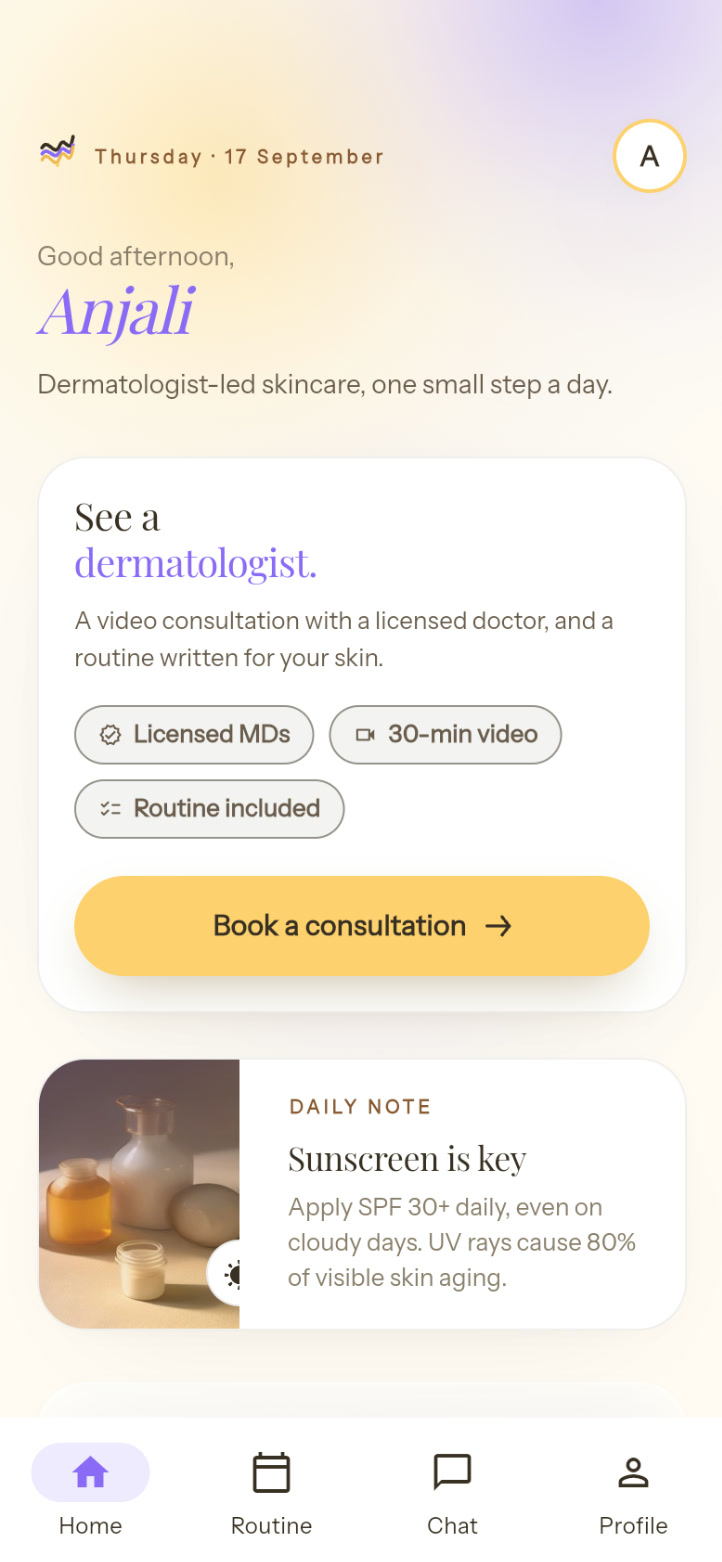 The DermaGurus app home screen: Good afternoon, Anjali, with a card to book a consultation with a dermatologist
